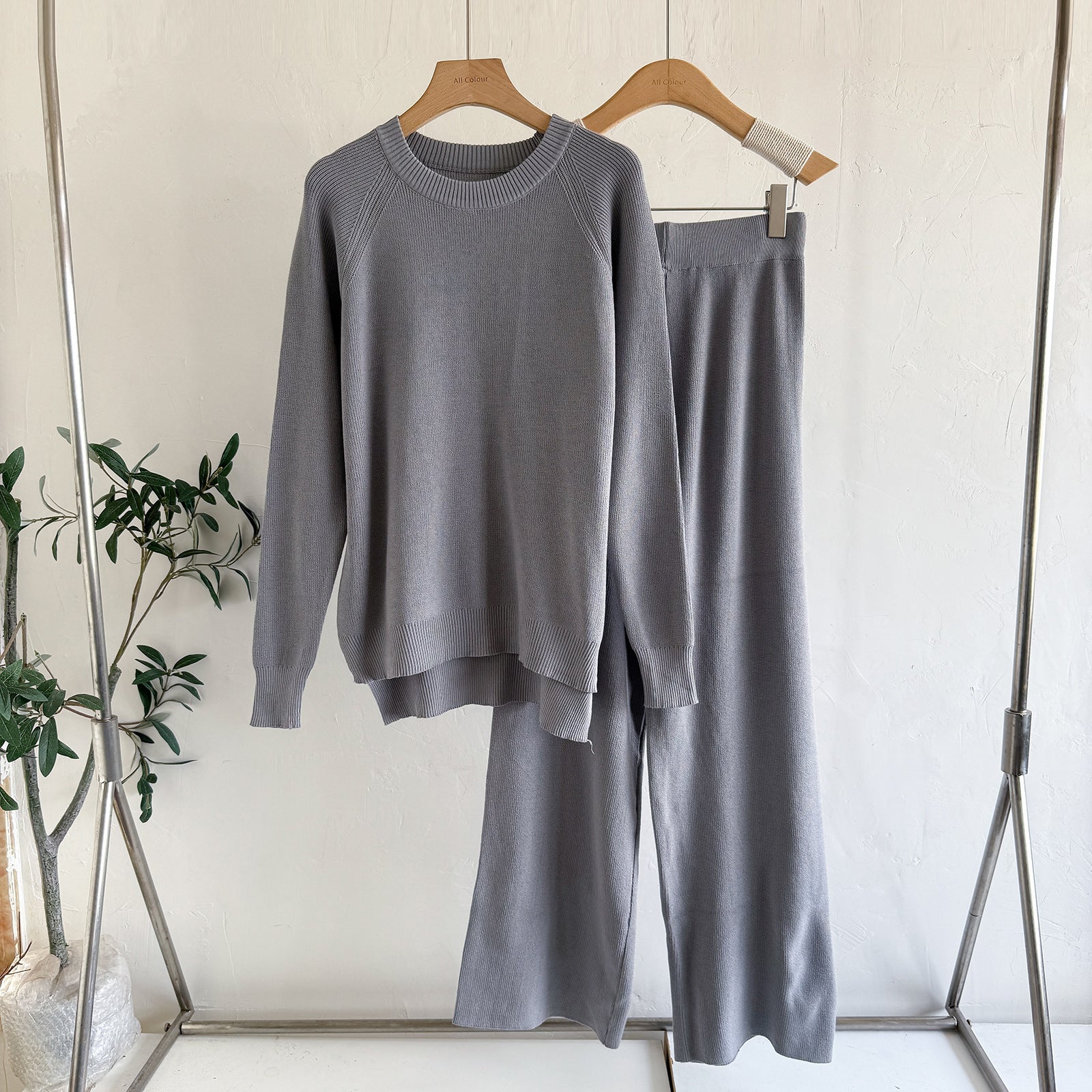 Women's Loose Knitted Long-Sleeve Crew-Neck Fashionable Wide-Leg Pants Two-Piece Set