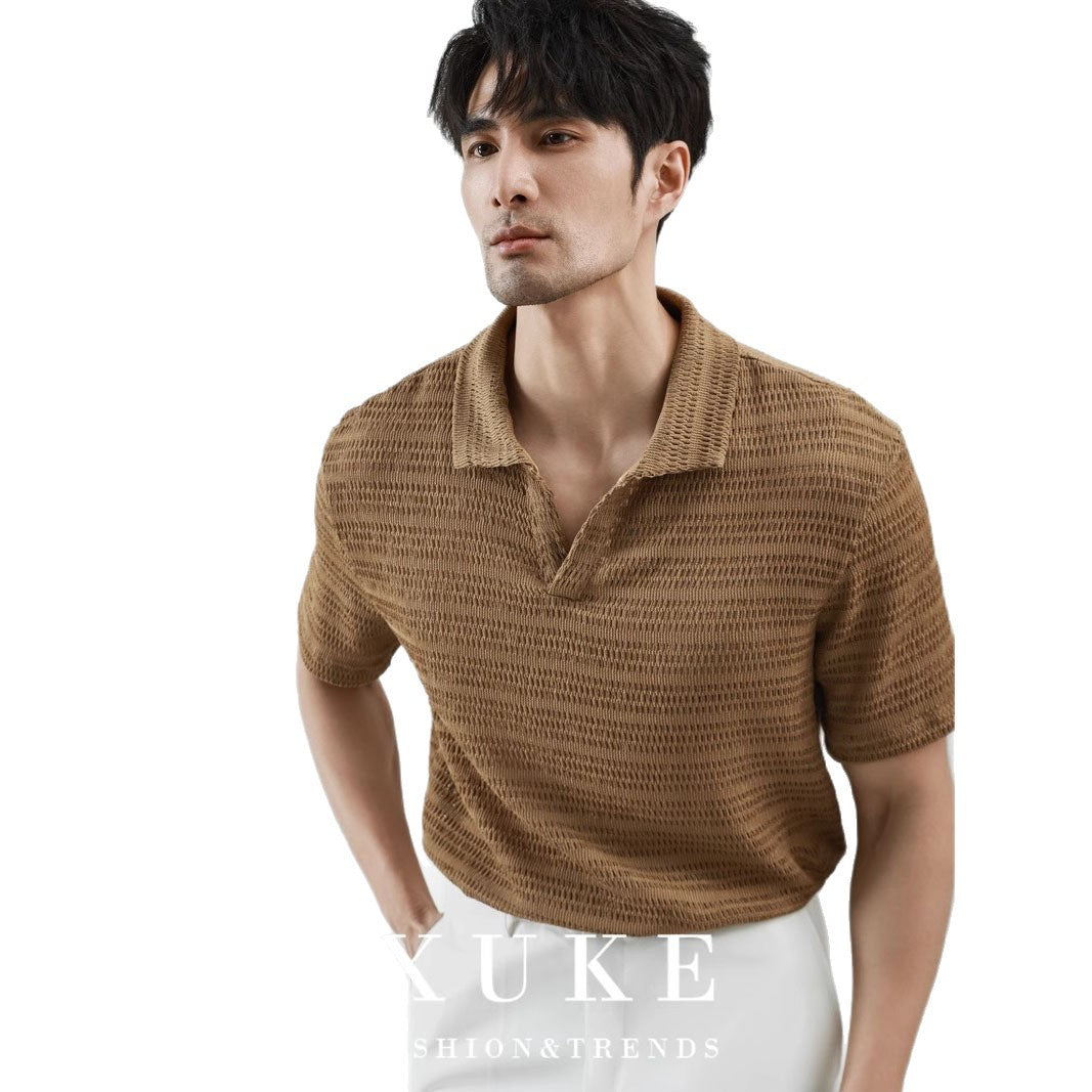 Men's V-neck Short-sleeved Knitted Sweater With Hollow-out Design For Summer, Made Of Cool Silk