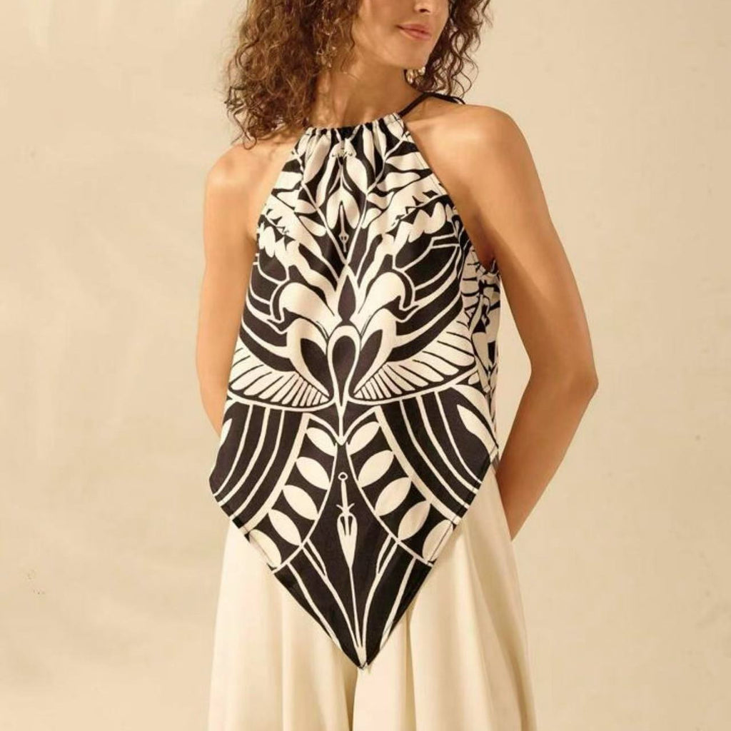 Women's Fashionable And Sexy Lace-up Halterneck Printed Sleeveless Top