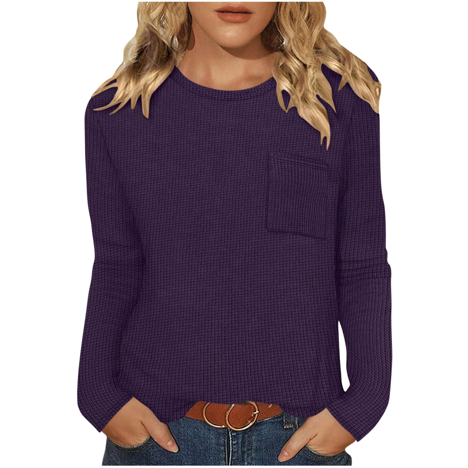 Women's Long-Sleeved Waffle Knit Top T-Shirt