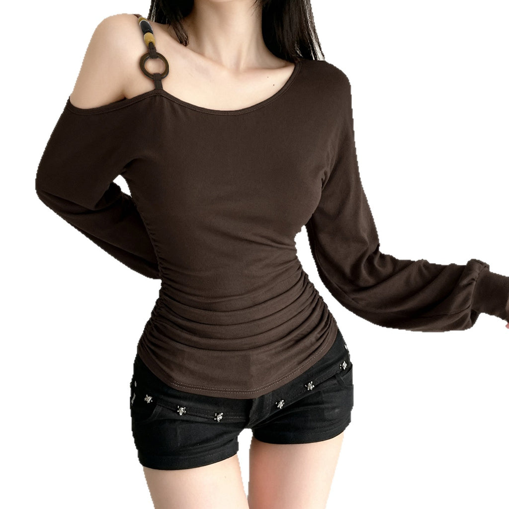 Vintage Off-shoulder Beaded-strapped Lantern-sleeve T-shirt