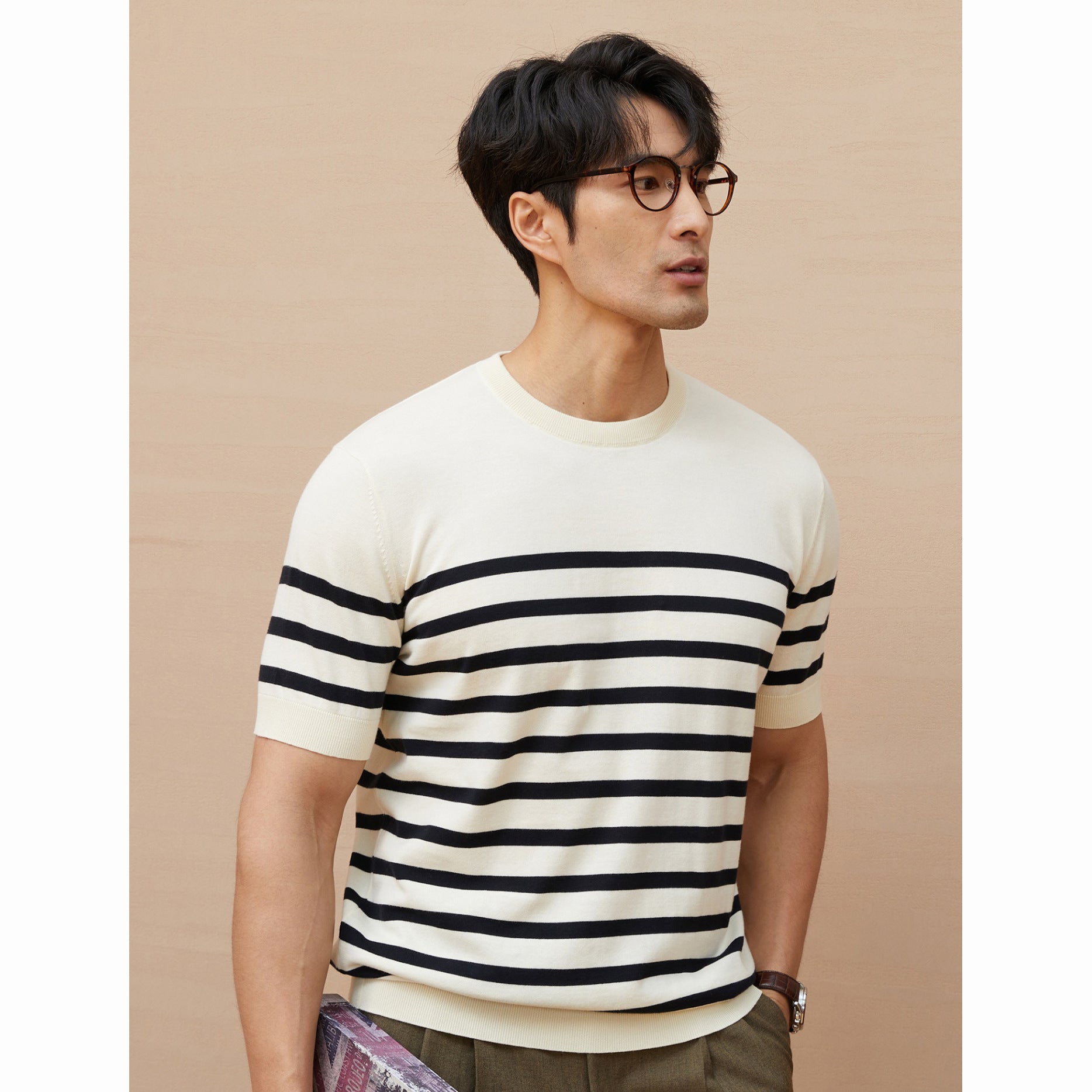 Summer New Short-sleeved Knitted Sweater Men's Striped Light Luxury Business Casual
