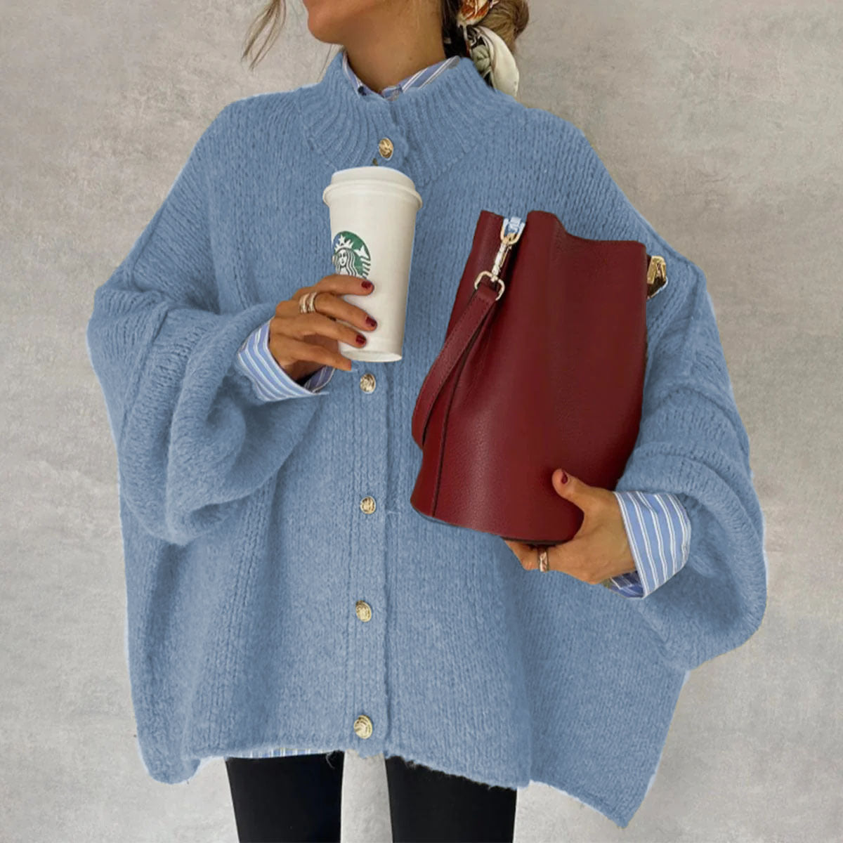 Autumn Winter Solid-Color Casual Knitted Cardigan With Buttons And Oversized Sleeves