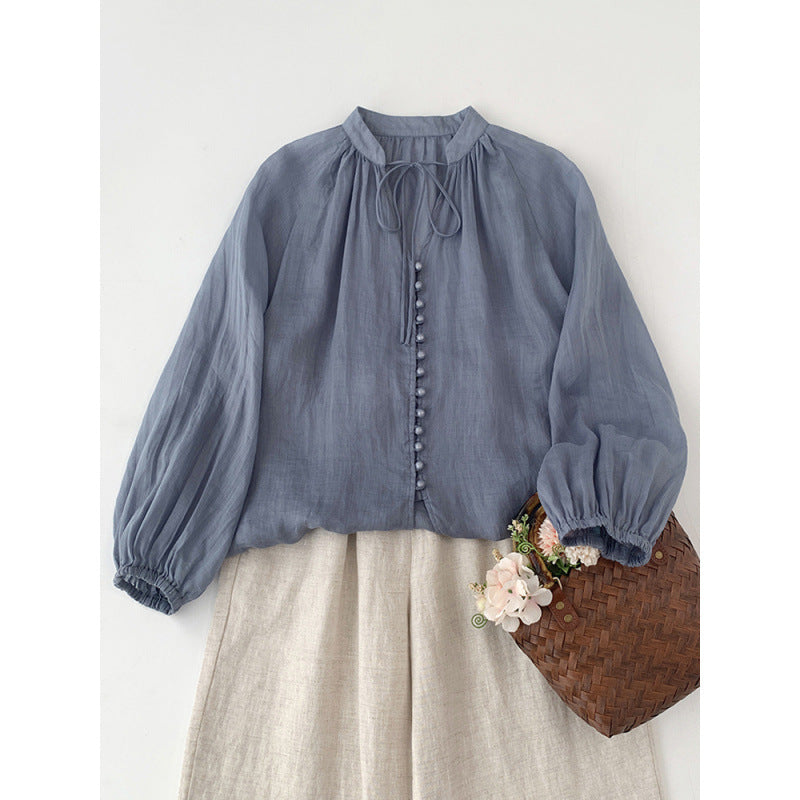 Women's Loose Cotton And Linen Single Row Button Tied Shirt