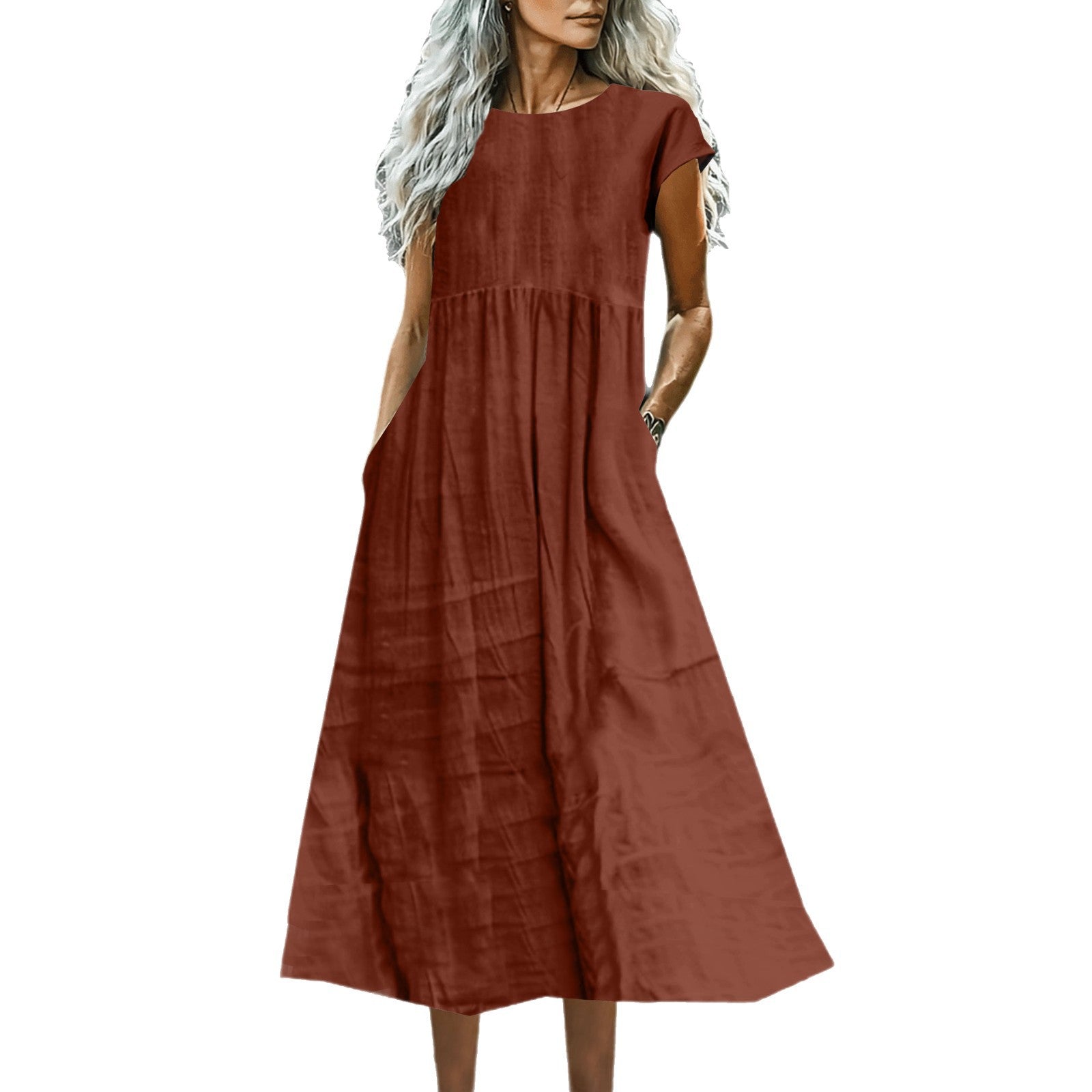Women's Solid-Color Loose-Fitting All-Match Cotton-Linen Dress With Pockets