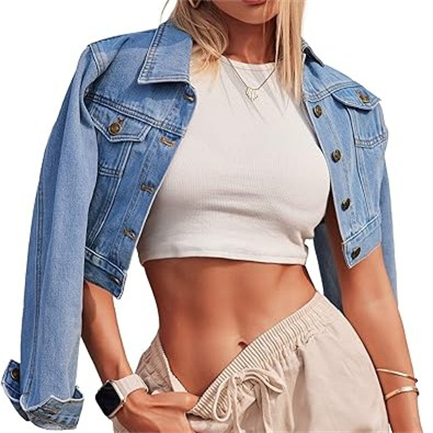 Button Long Sleeve Short Denim Jacket
