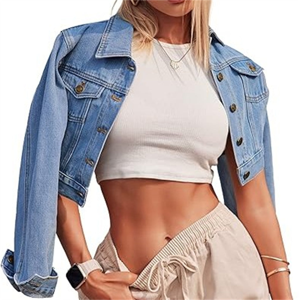 Button Long Sleeve Short Denim Jacket