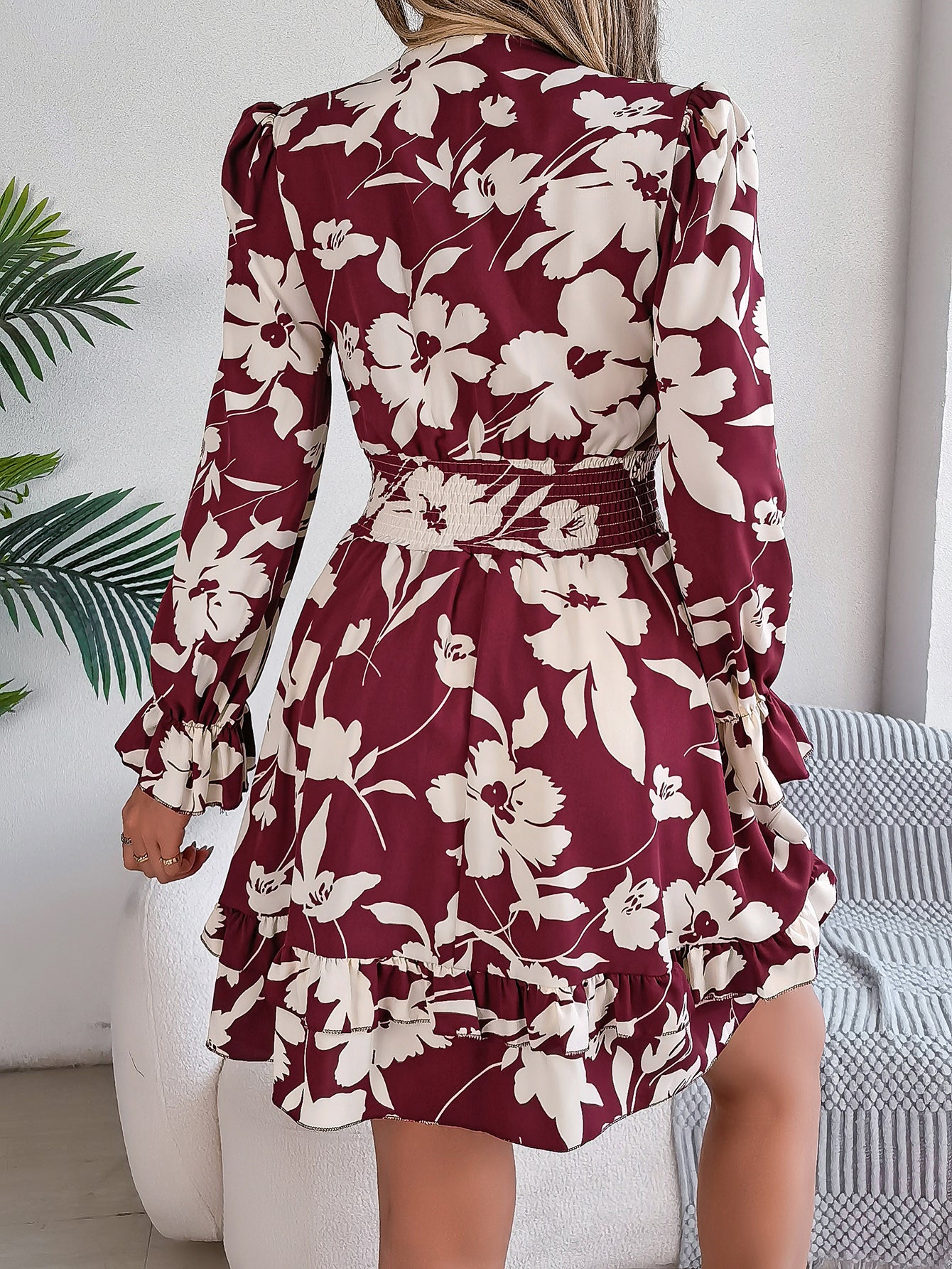 Women's Floral Long Sleeve Scalloped Hem A-Line Dress
