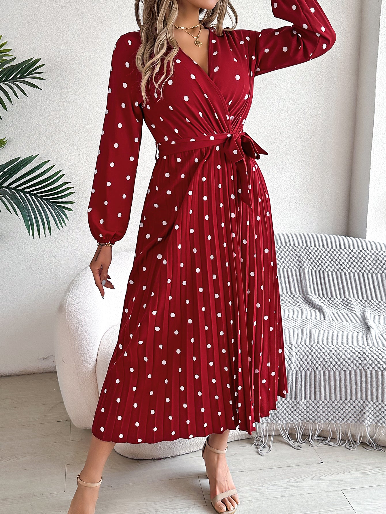 Women's Elegant Color-Blocked Polka Dot Cross V-Neck Pleated Maxi Dress