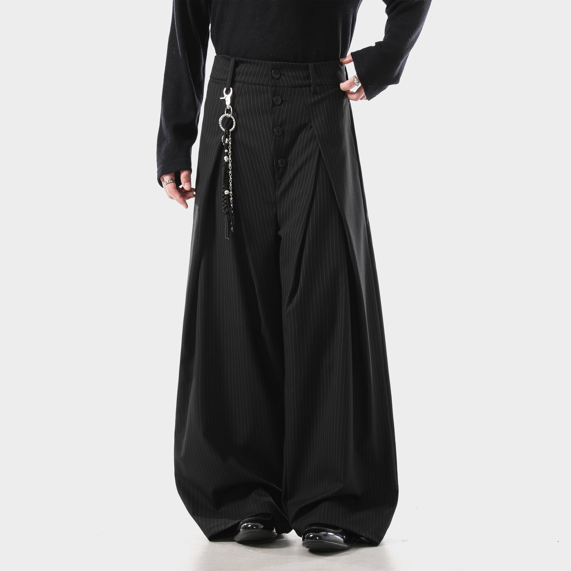 Retro Pleated Striped Button Suit Pants