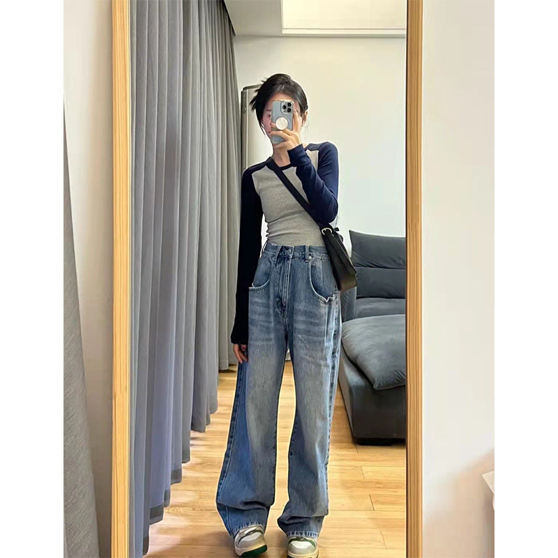 American-style Vintage Long-sleeve Knit Contrast-color Crewneck Slim-fit Patchwork Top