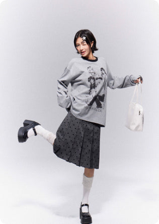 Gray Pleated Polka Dot Midi Skirt For Women, Reversible