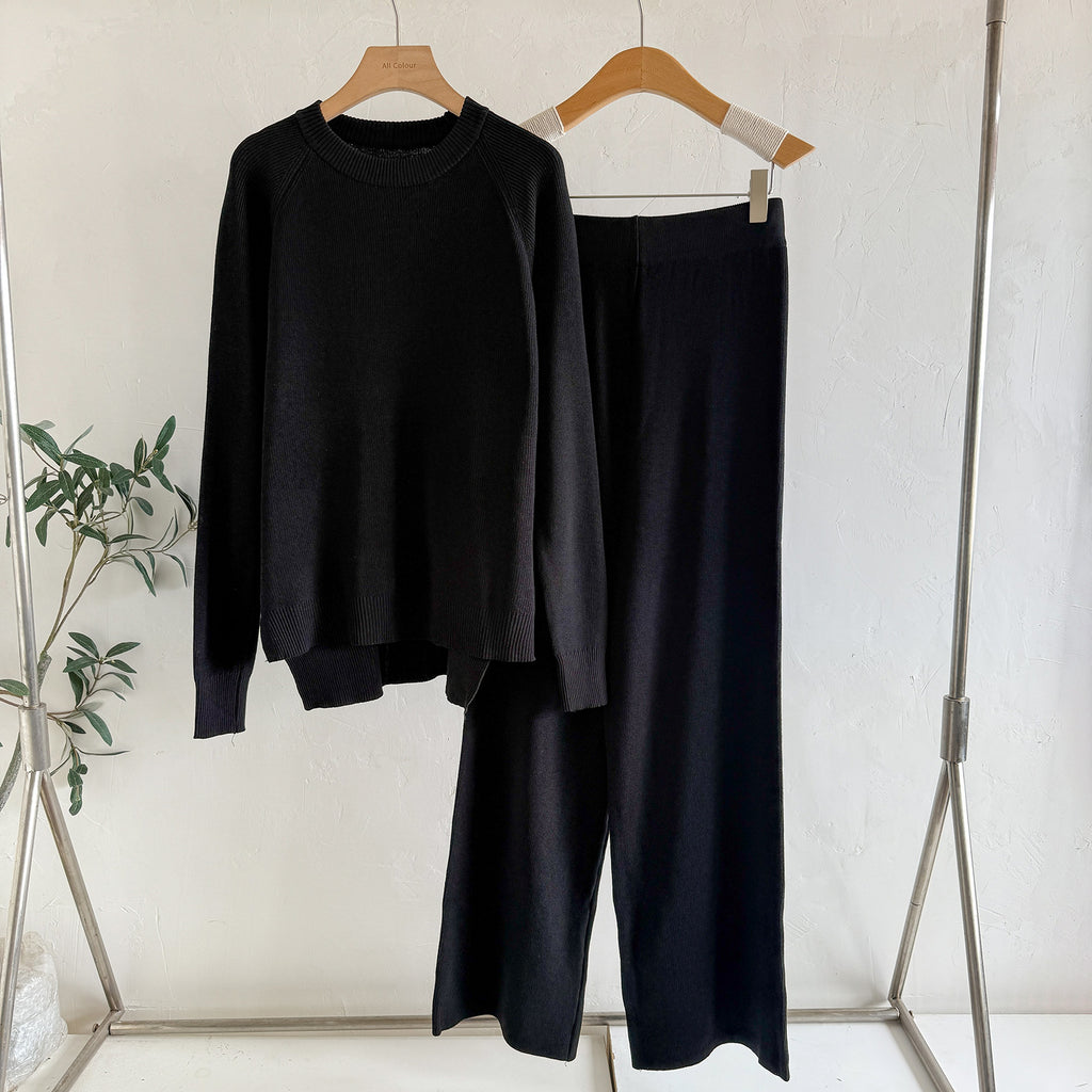 Women's Loose Knitted Long-Sleeve Crew-Neck Fashionable Wide-Leg Pants Two-Piece Set