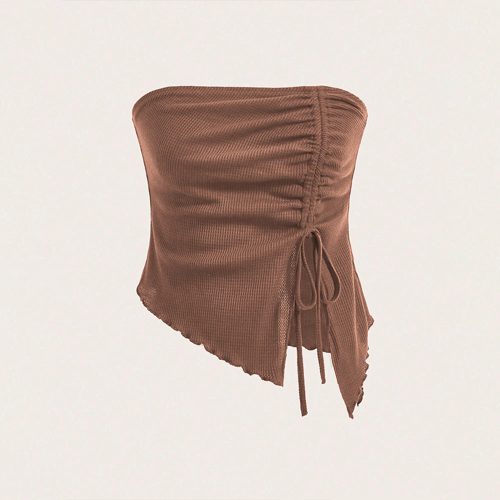Women's Summer New Arrival Drawstring Slit Asymmetrical Waffle-Texture Slim-fit Tube Top Bustier