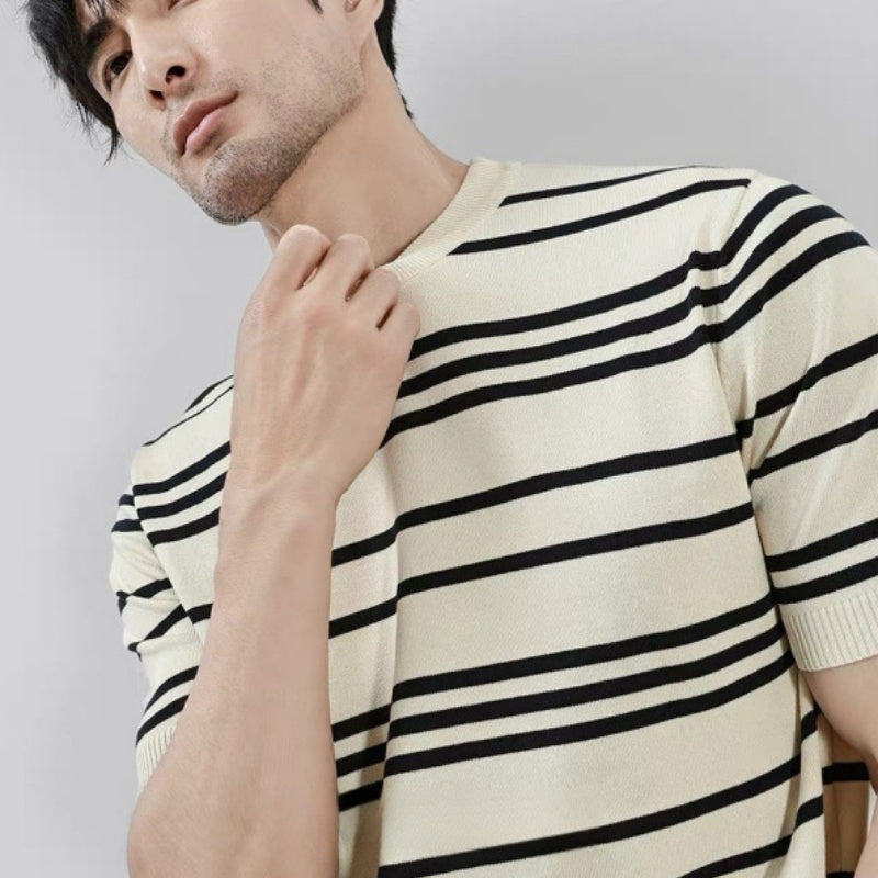 Knitted Ice Silk T-shirt Men's Short Sleeve Black And White Stripes
