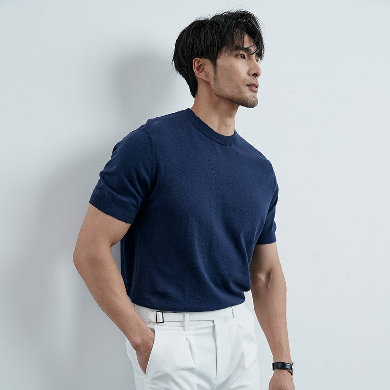 Summer New Solid Color Short Sleeve Knitted Men's Ice Silk Casual