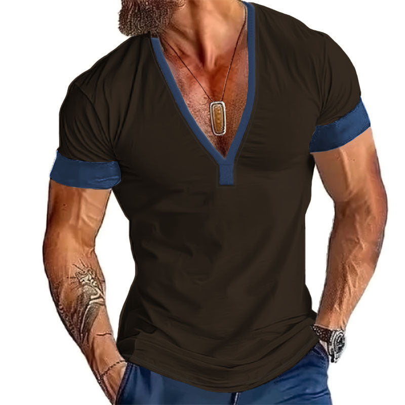 Short Sleeve Casual Men's V-Neck Large Size Striped T-Shirt Top