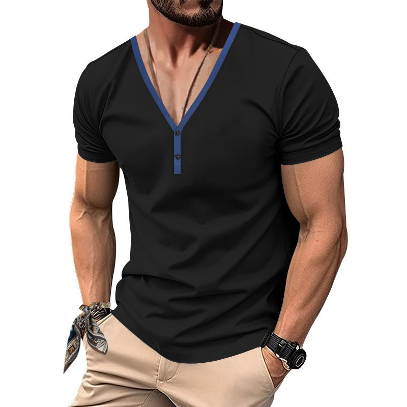 Men's European And American Casual V-neck Contrast Color Henley Slim-fit Top
