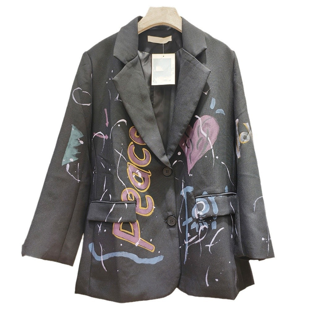 Rare And Eye-catching Colorful Letter Graffiti-print Loose-fitting Jacket