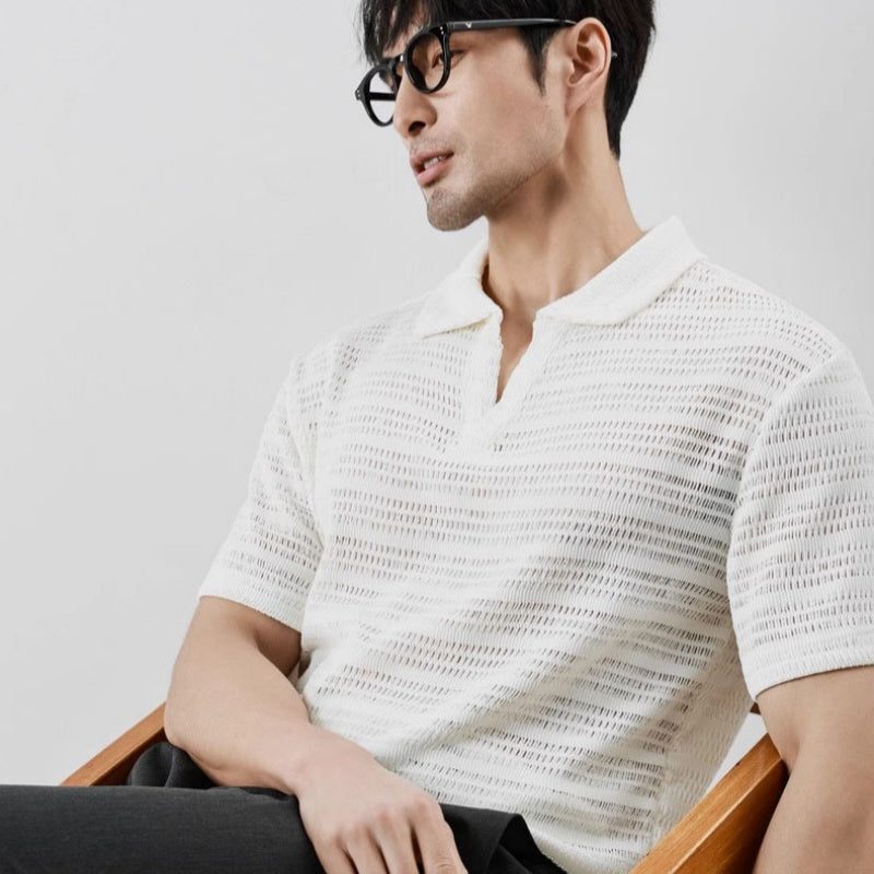 Men's V-neck Short-sleeved Knitted Sweater With Hollow-out Design For Summer, Made Of Cool Silk