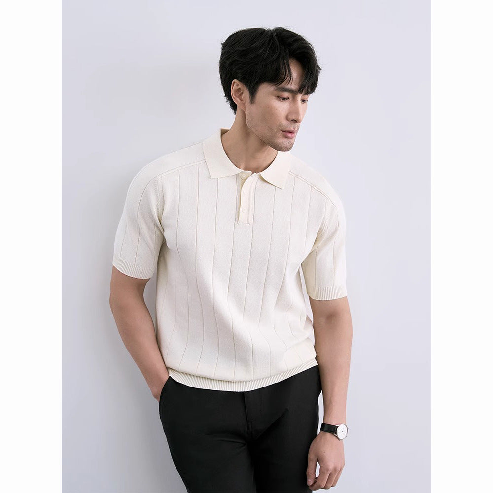 Summer New Knitwear Ice Silk Short Sleeve Men's Striped Slim Fit