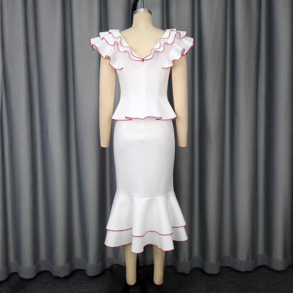 Women's Ruffled Contrast Color Top Temperament Slim Fishtail Skirt Suit