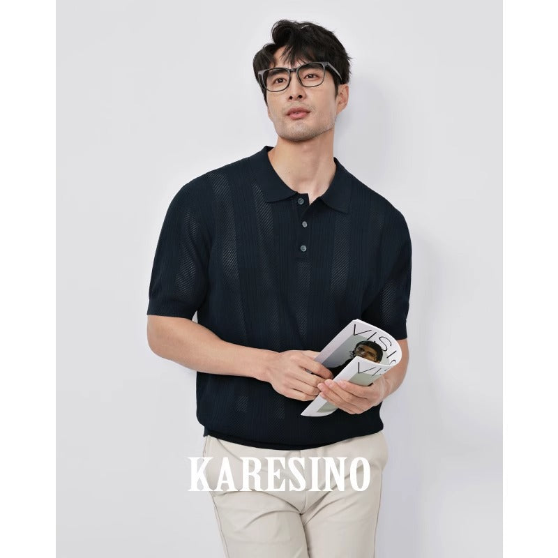 Summer New Hollowed Out Lapel Knit Men's Fashion Casual Short Sleeve