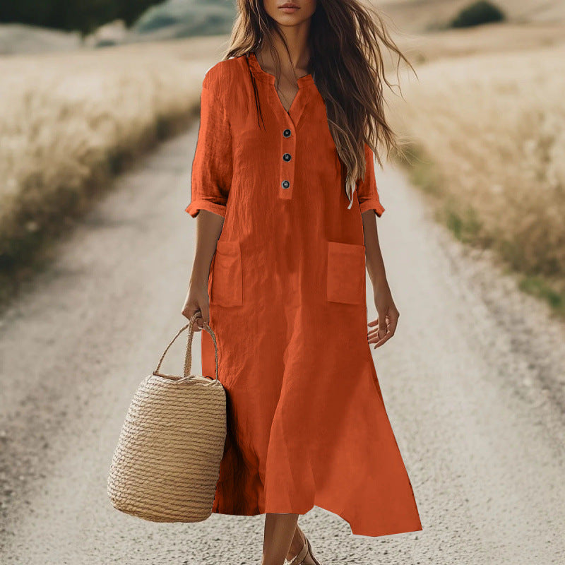 Women's Solid-Color Loose Bohemian Resort Cotton-Linen Dress With Pockets