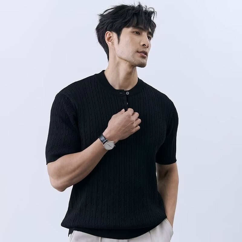 Simple And Slim-fit Round-neck High-end Casual Knit Short-sleeve Shirt For Men