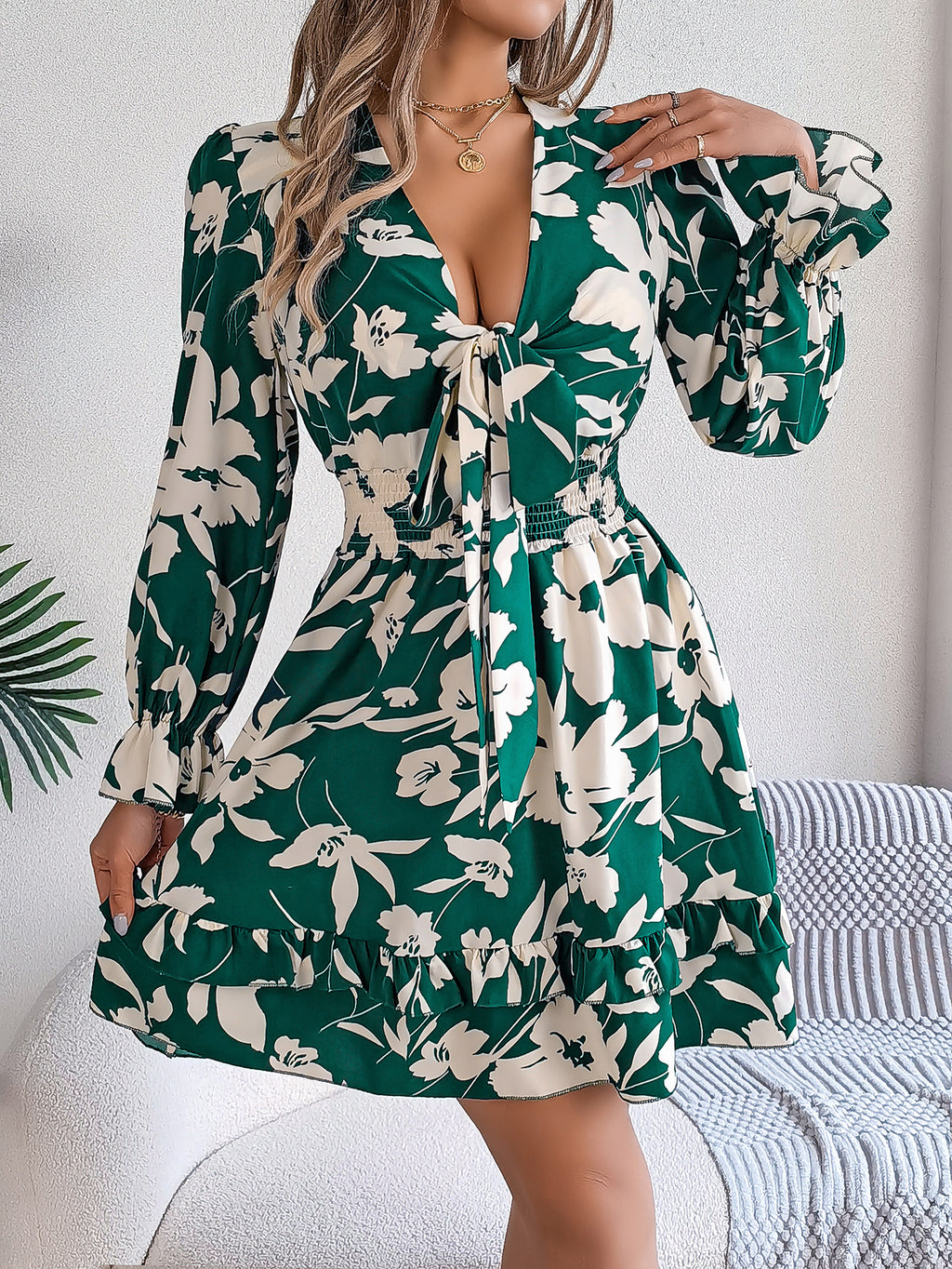 Women's Floral Long Sleeve Scalloped Hem A-Line Dress