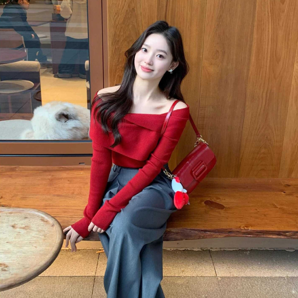 Off-shoulder Long-sleeve Women's Sheer And Alluring Slim-fit Sweater