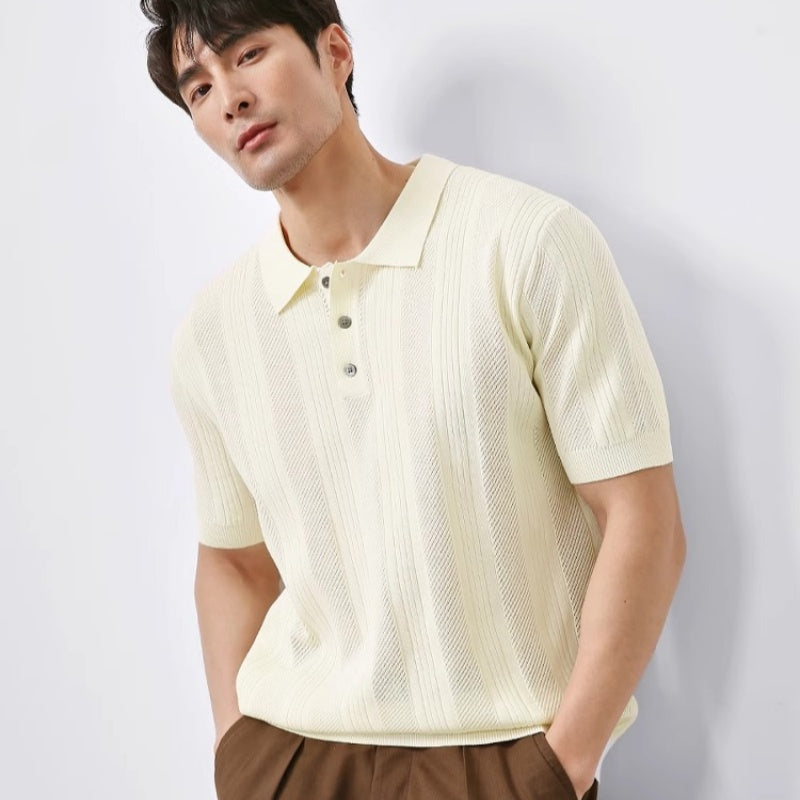Summer New Hollowed Out Lapel Knit Men's Fashion Casual Short Sleeve