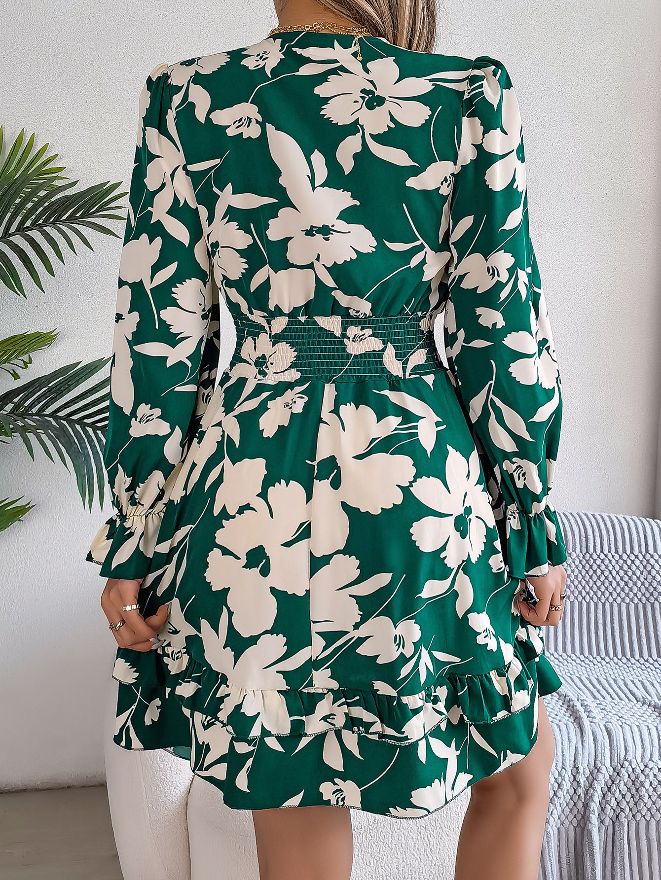 Women's Floral Long Sleeve Scalloped Hem A-Line Dress