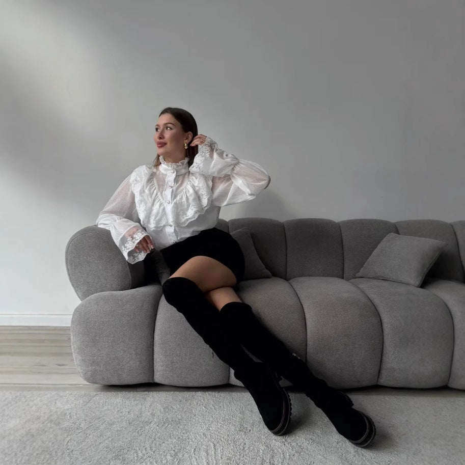 Stand-collar Chiffon Top With A Fashionable Design And Ruffled Hem