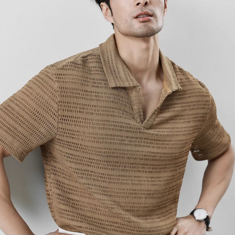 Men's V-neck Short-sleeved Knitted Sweater With Hollow-out Design For Summer, Made Of Cool Silk