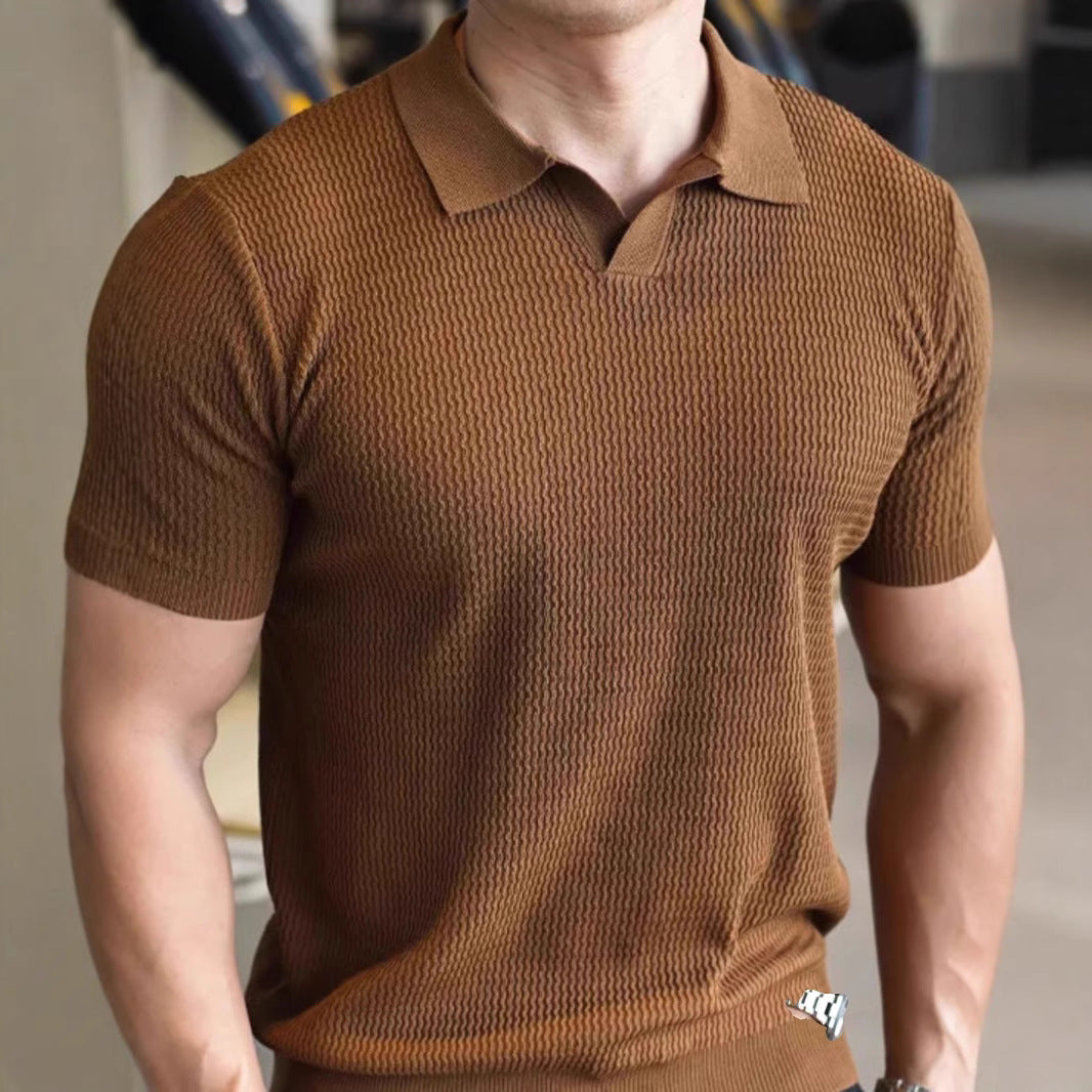 Men's Casual Knitted Polo Shirt With Short Sleeves And A Turn-down Collar