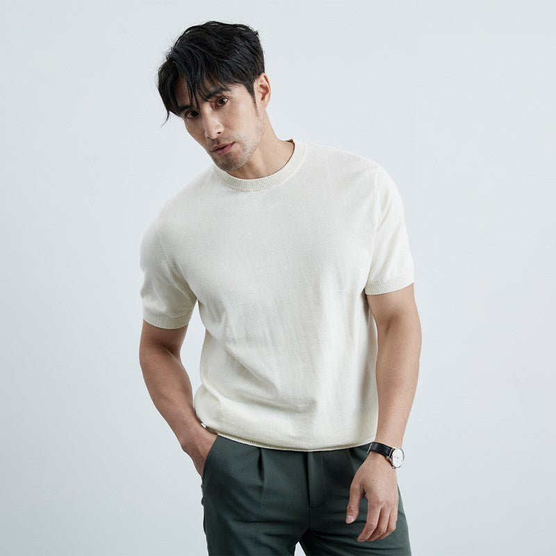 Summer New Solid Color Short Sleeve Knitted Men's Ice Silk Casual
