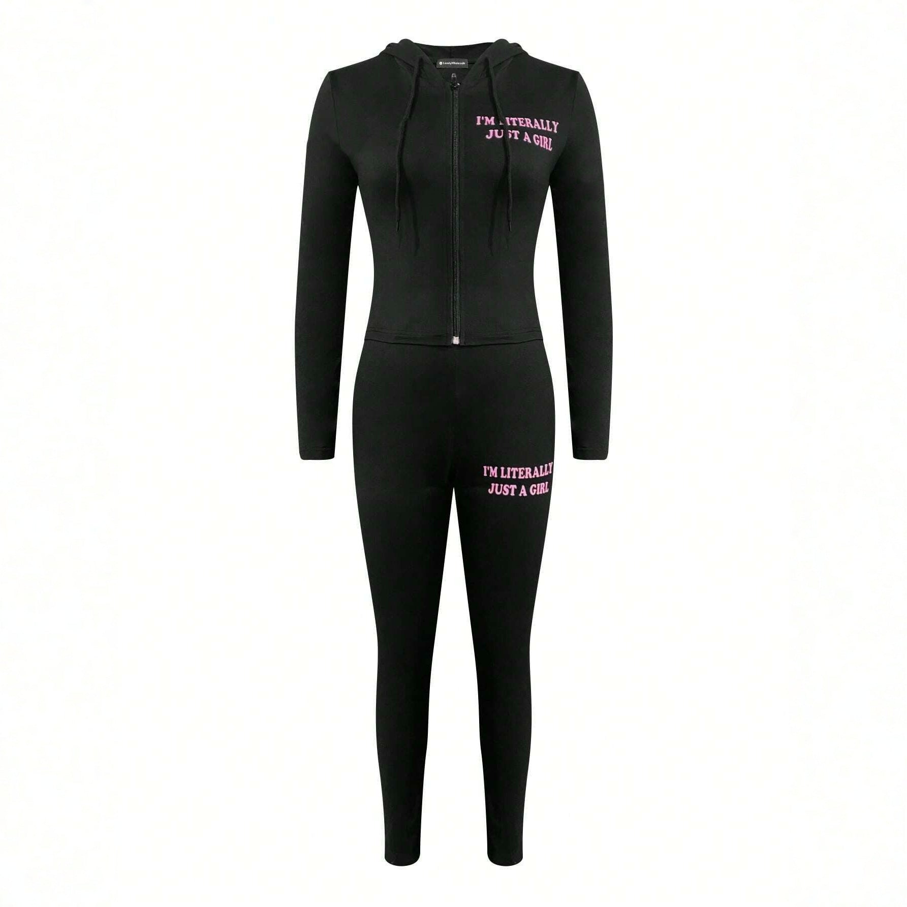 Women's Sporty Letter-Print Long-Sleeve Pants Set