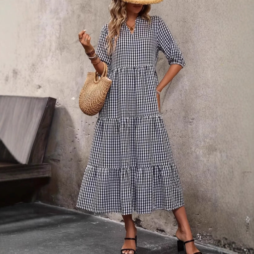 Bubble-sleeve Crew-neck Loose-fit Dubai Dress