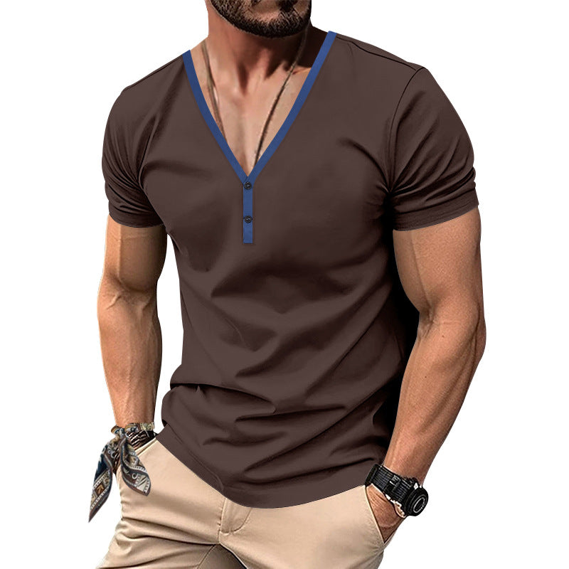 Men's European And American Casual V-neck Contrast Color Henley Slim-fit Top