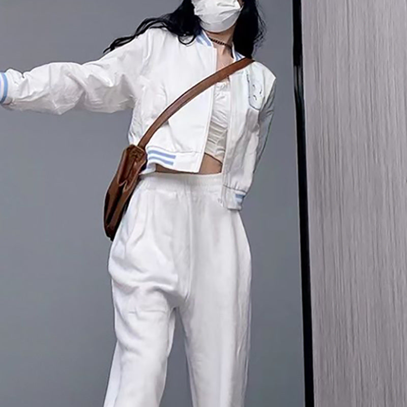 Collegiate-style Loose-fitting Cropped Baseball Jacket With Embroidery