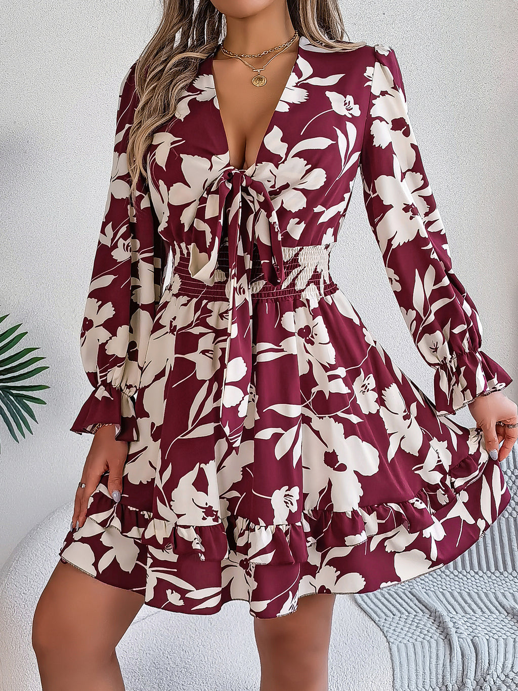 Women's Floral Long Sleeve Scalloped Hem A-Line Dress