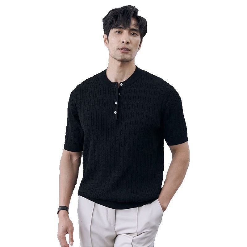 Simple And Slim-fit Round-neck High-end Casual Knit Short-sleeve Shirt For Men