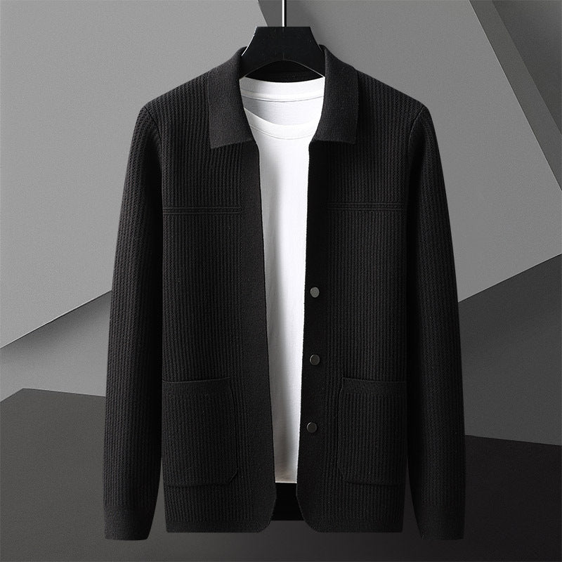 Men's AutumnWinter New Arrival Solid-Colored Thickened Lapel Long-Sleeve Sweater With Pockets