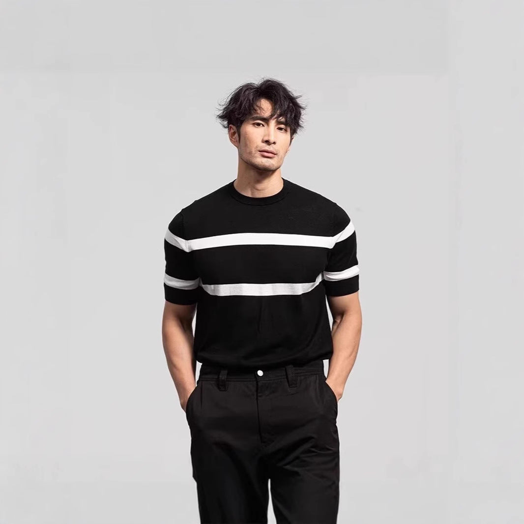 Men's Retro-style Round-neck Knitted Top With Ice Silk Short Sleeves