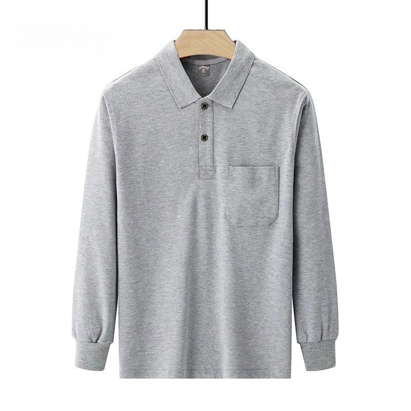 Men's Solid-color Long-sleeve Top With A Turn-down Collar And Real Pockets