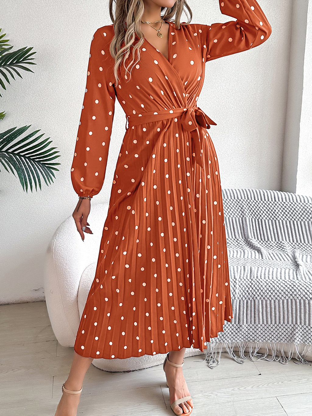 Women's Elegant Color-Blocked Polka Dot Cross V-Neck Pleated Maxi Dress