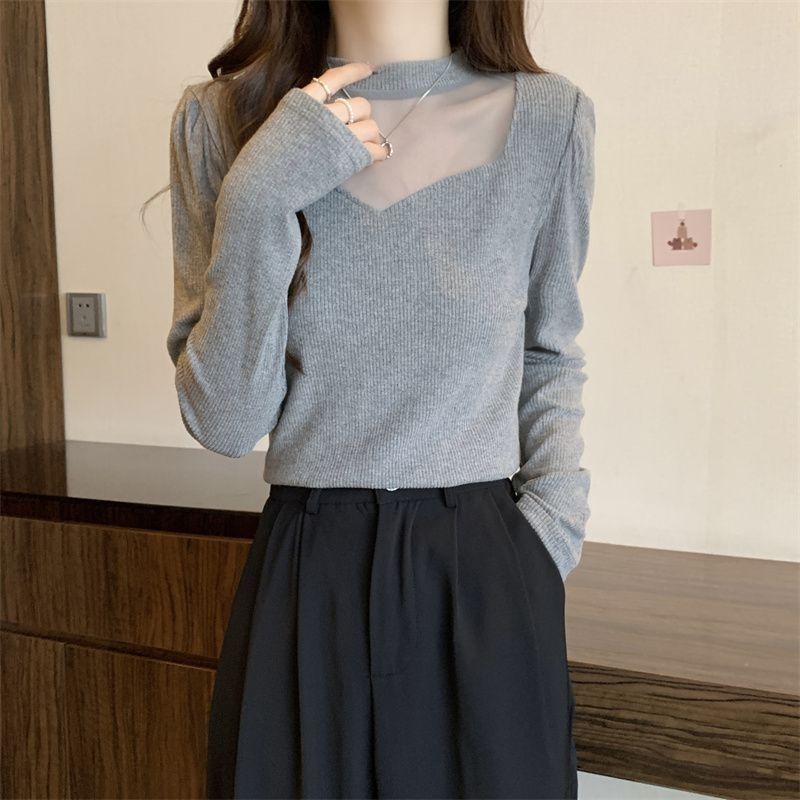 AutumnWinter Thin Mesh Knitted Solid-color Women's Top With Tummy-Contouring Design