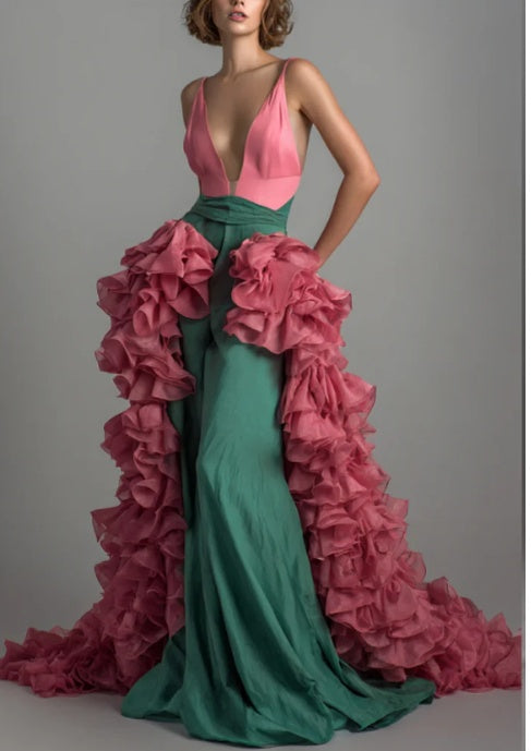 Two-Tone Deep V Gown With Detachable Cascading Ruffle Train