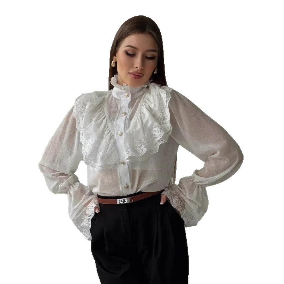 Stand-collar Chiffon Top With A Fashionable Design And Ruffled Hem
